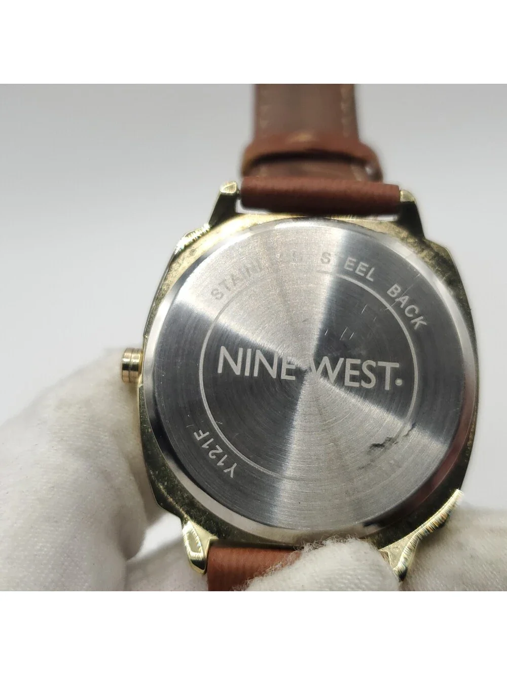 Nine West Quartz Gold Tone Brown Leather Band Womens Watch 36mm New Battery